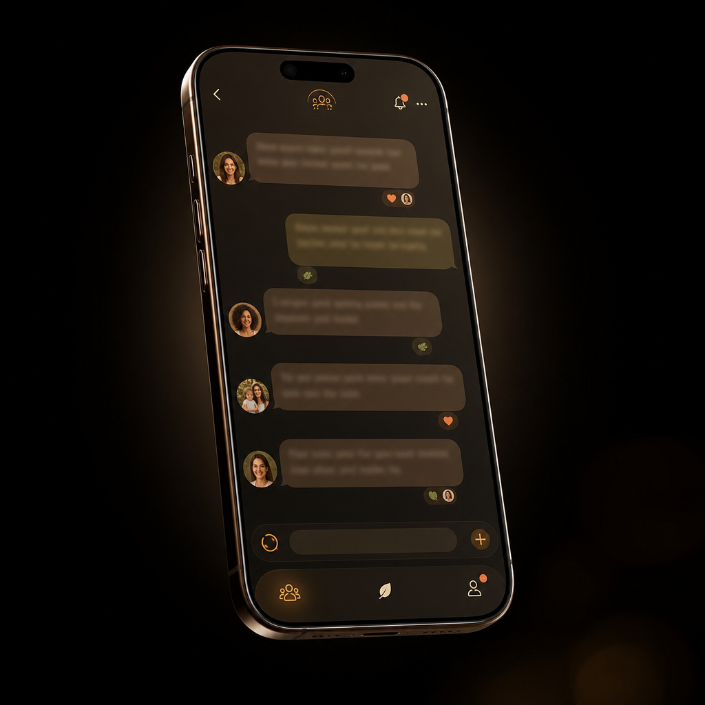 Uno smartphone che mostra la Community REALIVE, uno spazio privato dove i genitori si sostengono a vicenda
