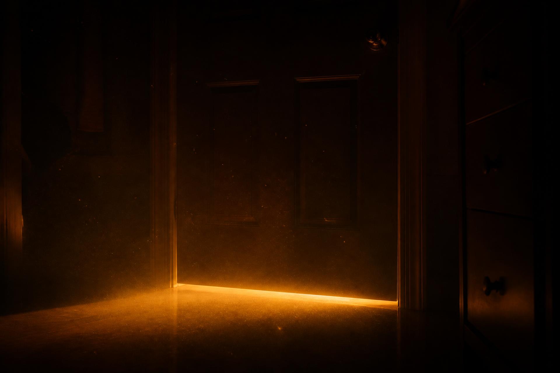 Una porta chiusa con una luce calda che filtra da sotto